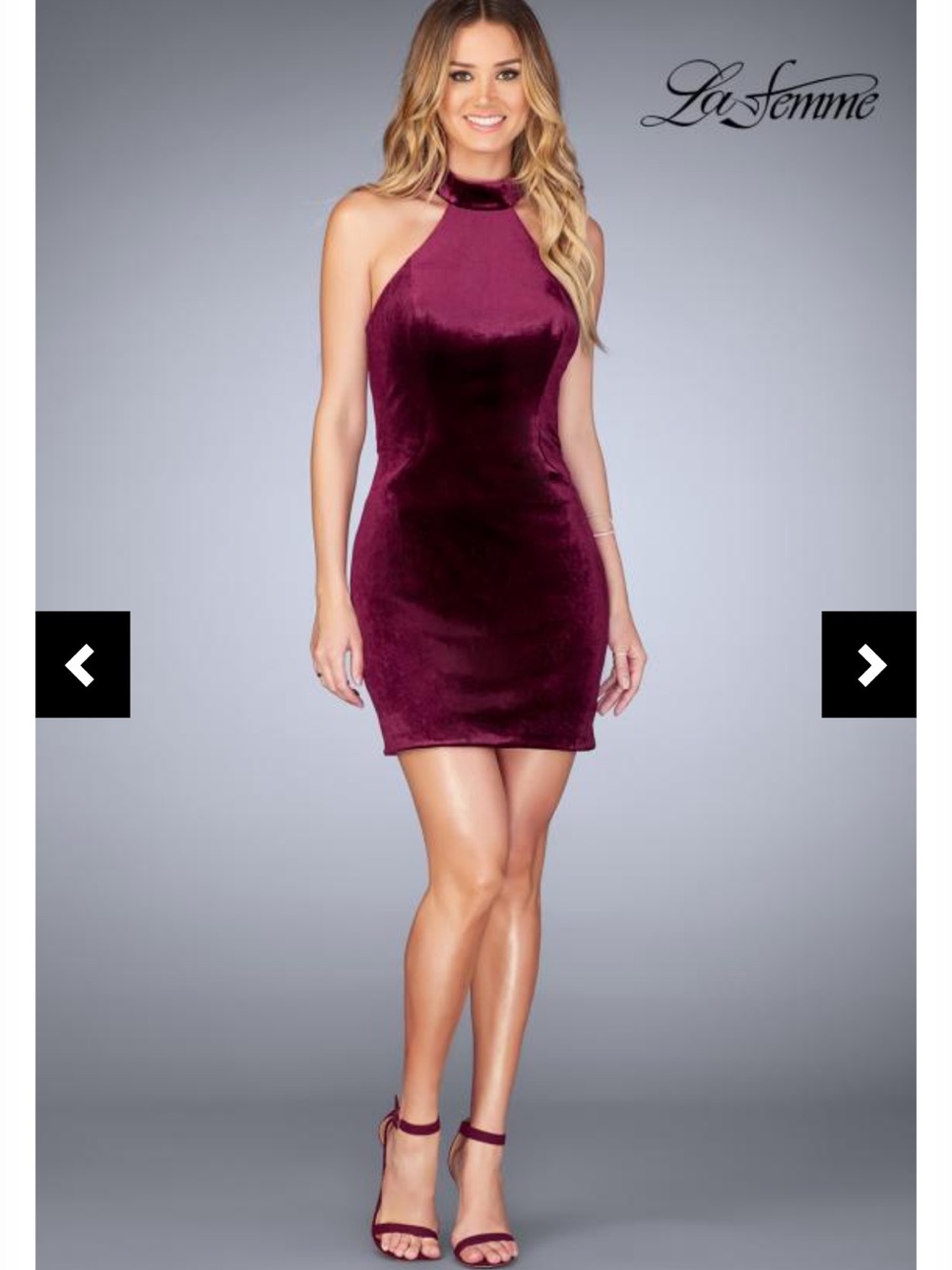 La Femme Velvet Halter Mini Dress in Plum